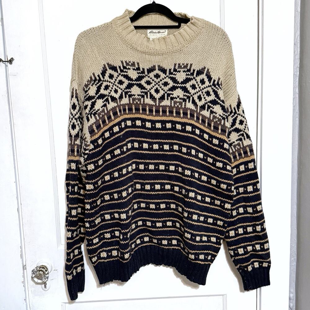 Vintage 90s Eddie Bauer Mens XL Nordic Knit Chunky Cotton Baggy Sweater